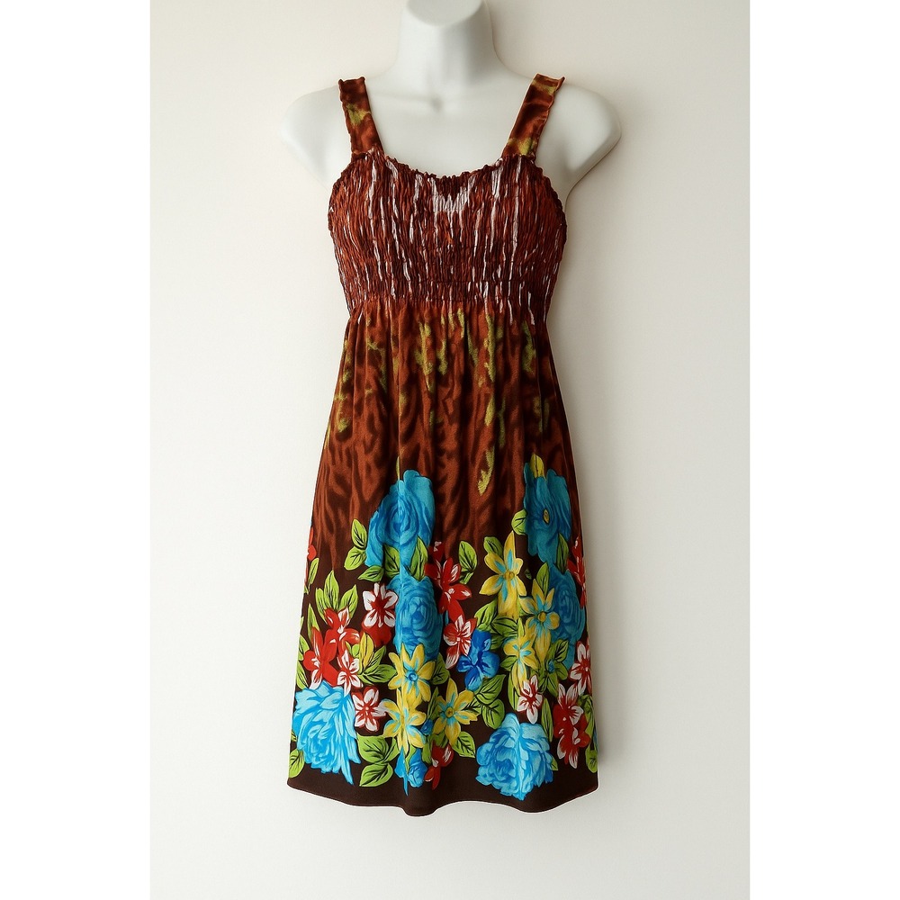 Sundress Medium Smocked Bust Floral‎ Tropical Hippie Retro Classic Beach READ